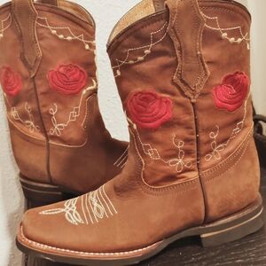 Charming Brown Kids Boots with Red Rose Embroidery